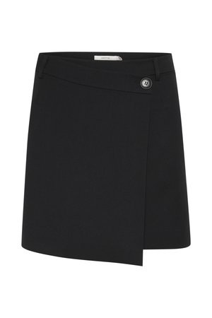 Black wrap skirt made from a smooth fabric, featuring a side button detail and an asymmetrical hem for a structured appearance.
