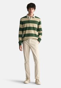 Green and beige striped long-sleeve polo shirt with a collared neck, paired with beige trousers and light-colored shoes.