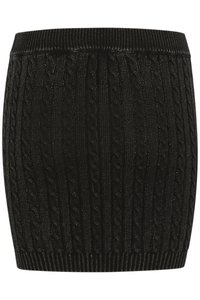 Black knitted mini skirt featuring a textured cable pattern and a ribbed waistband. Smooth finish with a fitted shape.