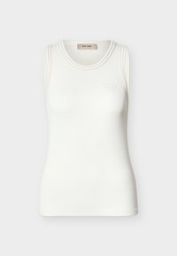 Λευκό ριμπ αμάνικο κοντομάνικο μπλουζάκι με στρογγυλή λαιμόκοψη και διακριτικό λογότυπο "Mos Mosh" στο στήθος.