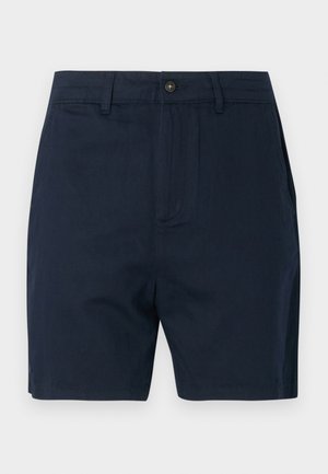 Granatowe szorty wykonane z mieszanki bawełny, z przednimi kieszeniami, zapinane na guzik, o prostym kroju, bez widocznych wzorów lub akcentów.