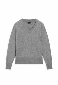 Gray v-neck sweater made of soft textured fabric. Features long sleeves and ribbed cuffs and hem, creating a relaxed silhouette.
