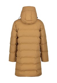 Braune Daunenjacke mit Kapuze, die ein gestepptes Design und einen mittellangen Schnitt aufweist. Hergestellt aus einem glatten, strapazierfähigen Material ohne sichtbare Beschläge.
