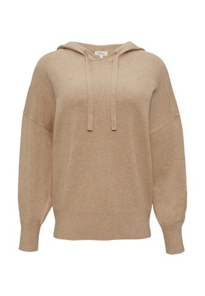 Beige gebreide hoodie met lange ballonmouwen, geribde manchetten en trekkoorden aan de capuchon, getoond op een witte achtergrond.