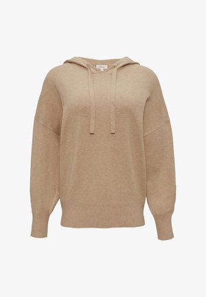 Beżowy sweter z kapturem, z długimi balonowymi rękawami, ściągaczami na mankietach i sznurkami przy kapturze, przedstawiony na białym tle.