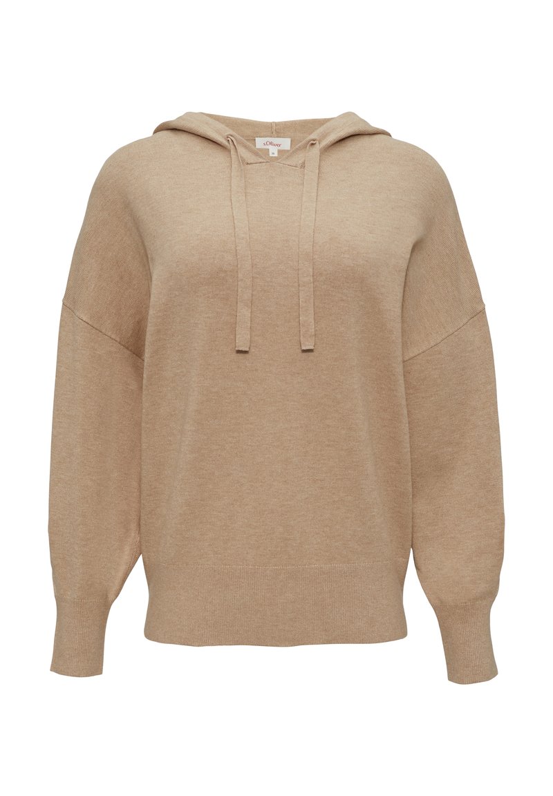 Beige Strick-Hoodie mit langen Ballonärmeln, gerippten Bündchen und Kordeln an der Kapuze, vor einem weißen Hintergrund gezeigt.