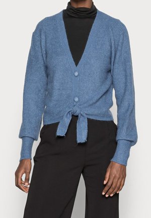 Cardigan blu in maglia con maniche lunghe, scollatura a V, due bottoni e un dettaglio davanti legato. Il tessuto sembra morbido con una finitura testurizzata.