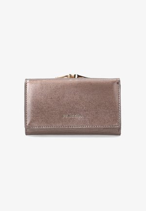 Rectangular wallet in metallic rose-gold, made of textured synthetic material. Features logo and gold-tone zipper closure.