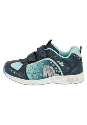 Blue and teal children's sneakers with glittery accents, featuring a unicorn design and star patterns, secured with two Velcro straps.
