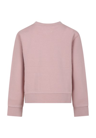 Roze sweatshirt met een ronde hals, lange mouwen en een cropped zoom. Zijdezachte textuur zonder zichtbare patronen of hardware.