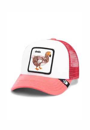 Red and white trucker cap featuring a dodo bird patch with embroidered details. The front is white, and the visor is coral pink.