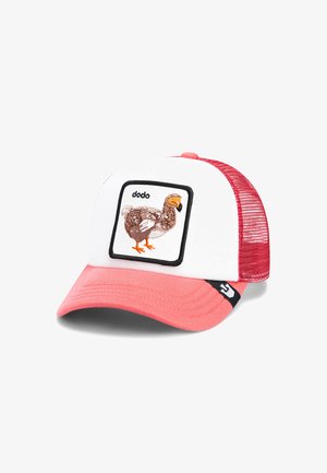 Rood en witte truckerspet met een patch van een dodo-vogel en geborduurde details. De voorkant is wit en de klep is koraalroze.