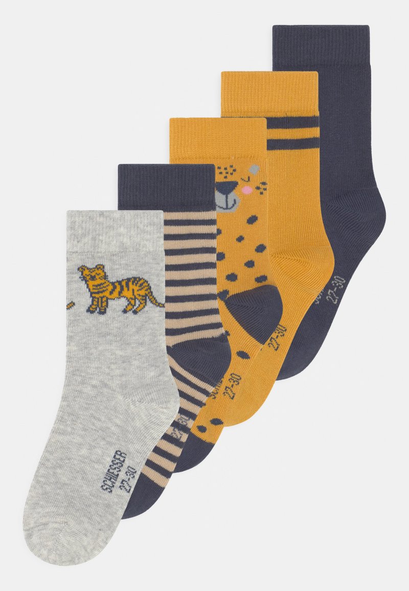 Fünf Paar Socken: grau mit Tigerprint, gestreift in Grau und Marineblau, senfgelb mit Leopardenflecken, einfarbig senfgelb und einfarbig Marineblau. Baumwollmischung.