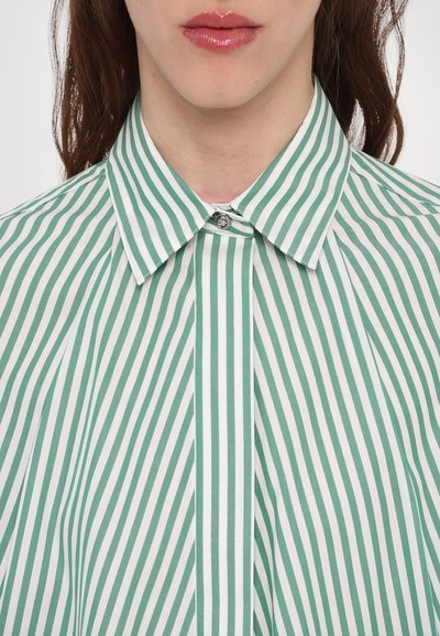Green and white striped shirt with a classic collar, button closure, and smooth cotton texture. Vertical stripes create a structured appearance.