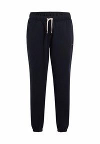 Marineblaue Jogginghosen aus weichem Stoff, mit einem elastischen Bund und Kordelzug sowie elastischen Bündchen an den Knöcheln. Kleines Logo-Detail sichtbar.