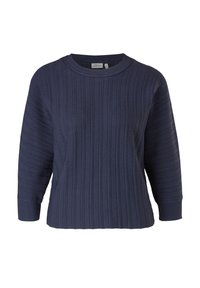Pull tricoté côtelé bleu foncé avec manches longues et encolure ronde, présenté sur un fond blanc.