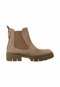 Bottines Chelsea en suédine beige avec des panneaux latéraux élastiques, bout rond et semelle en caoutchouc épaisse dotée de profonds crampons. Tirant au talon pour un enfilage facile.