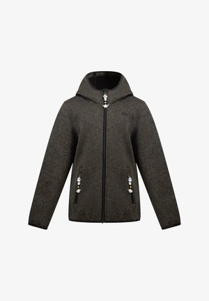 Tmavě šedá fleecová bunda s kapucí, černými zipy a dvěma předními kapsami. Obsahuje bílé a žluté úchyty pro nastavitelné otvory.