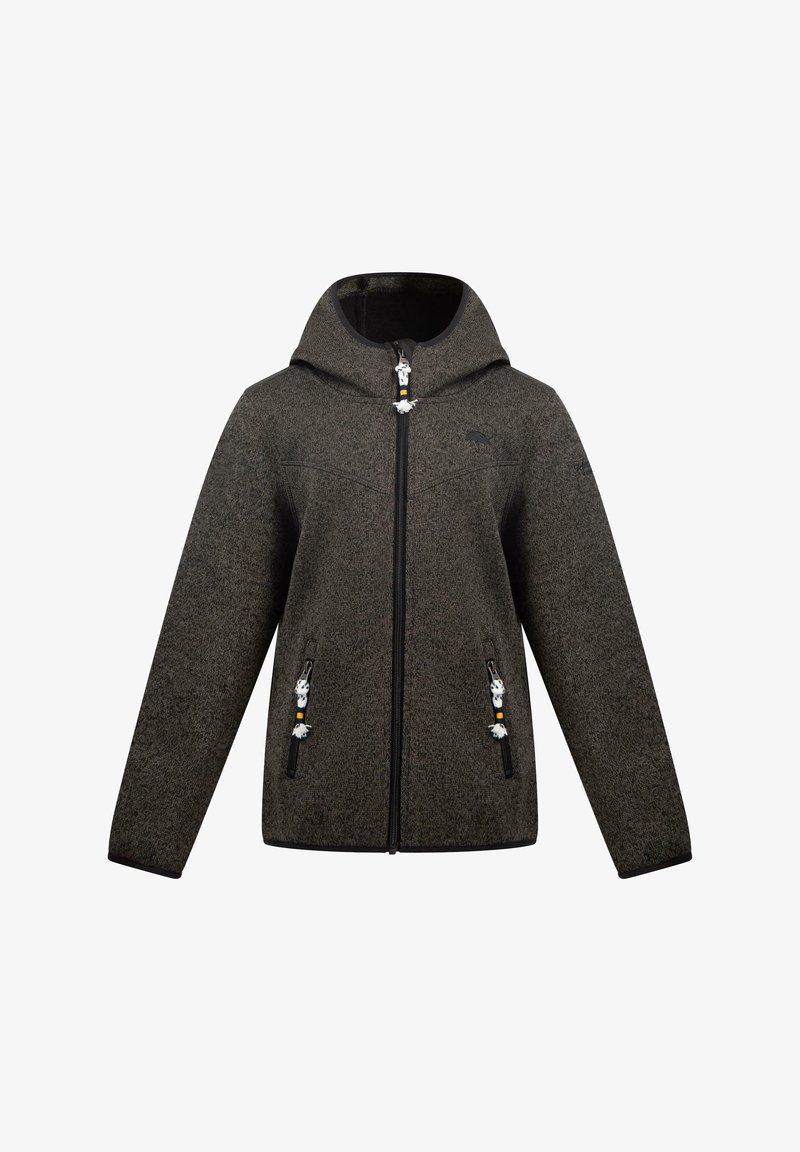 Tmavošedá fleece bunda s kapucňou, čiernymi zipsami a dvoma prednými vreckami. Obsahuje biele a žlté nastaviteľné zaviazania.