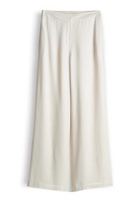 Wide-leg, high-waist cream pants with an elastic waistband and no visible pockets, displayed against a white background.