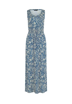 Abito lungo blu senza maniche con motivo floreale bianco e scollo rotondo, caratterizzato da una vita elasticizzata per una silhouette aderente.