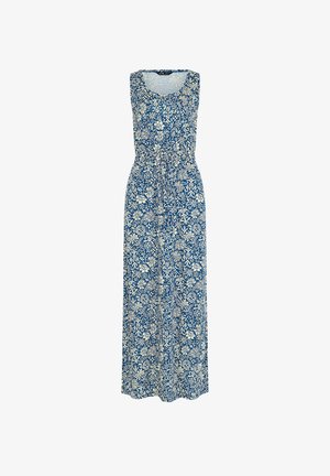 Abito lungo blu senza maniche con motivo floreale bianco e scollo rotondo, caratterizzato da una vita elasticizzata per una silhouette aderente.
