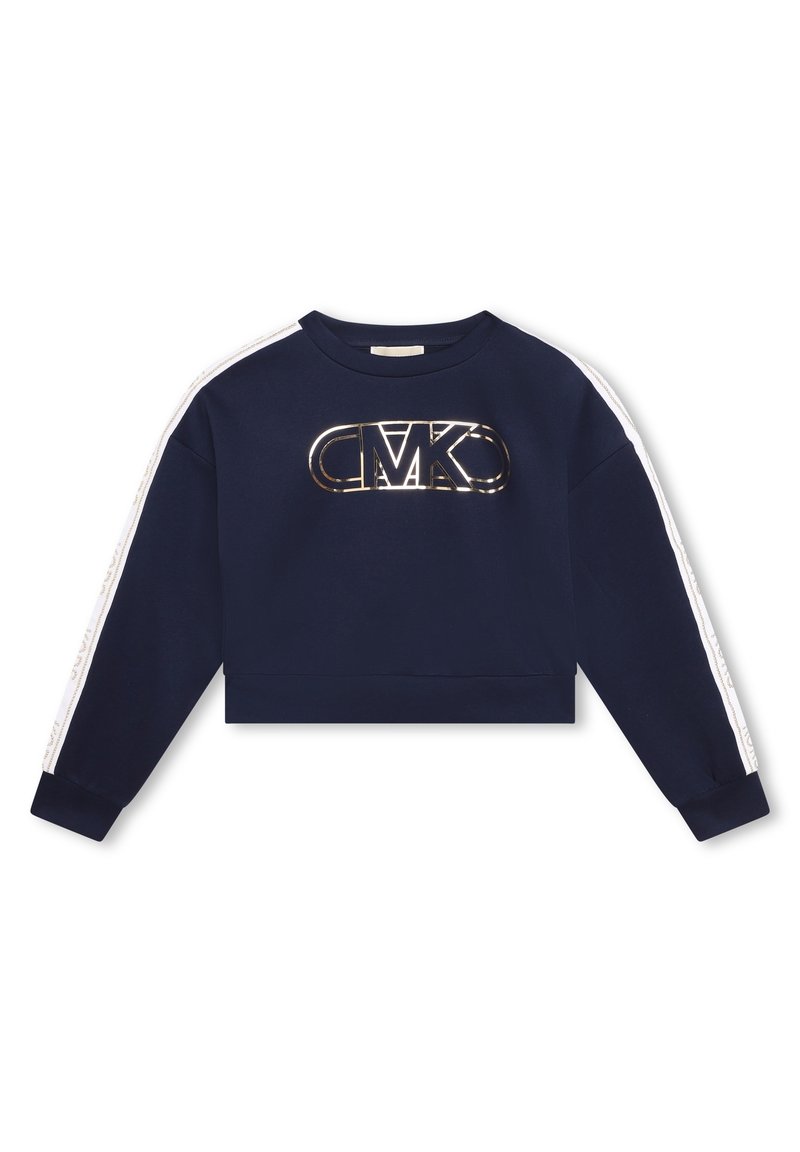 Navy blue cropped sweatshirt with long sleeves, featuring a glossy metallic logo "CMK" on the front and white side stripes with text accents.