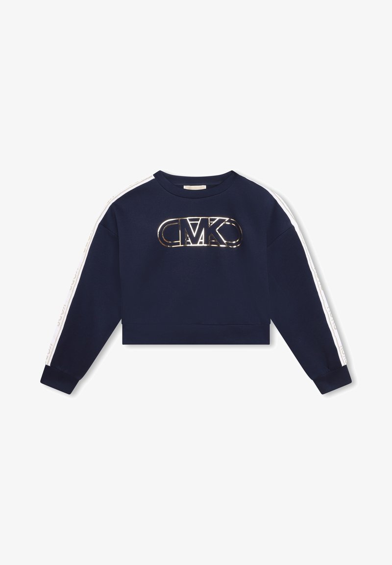 Navy blue cropped sweatshirt with long sleeves, featuring a glossy metallic logo "CMK" on the front and white side stripes with text accents.