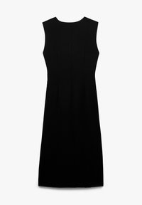 Vestito nero senza maniche con scollatura rotonda, caratterizzato da un design aderente e cuciture verticali; tessuto texture con una finitura liscia.