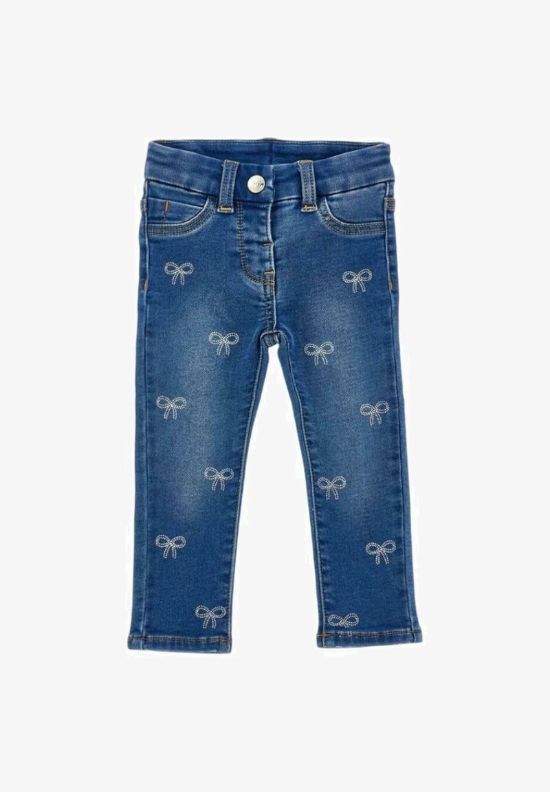 Dunkelblaue Denim-Jeans mit gestickten Schleifenmustern. Verfügt über ein klassisches Fünf-Taschen-Design und einen Knopfverschluss an der Taille.