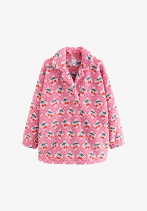 Fuzzy pink pullover with a collared neck, featuring a floral pattern of red cherries and green leaves on a light pink background.