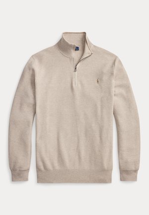 Maglione beige in maglia con zip a quarto, maniche lunghe, polsini e orlo a coste, piccolo logo ricamato sul petto sinistro.