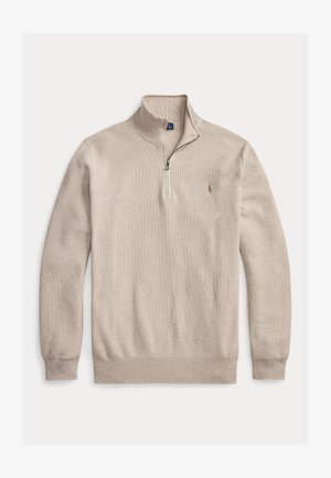 Pull en maille beige avec fermeture éclair au quart, manches longues, poignets et ourlet côtelés, petit logo brodé sur la poitrine gauche.