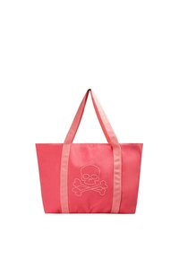 Sac fourre-tout rose corail avec deux poignées, présentant un motif de tête de mort et os croisés cousu à l'avant.