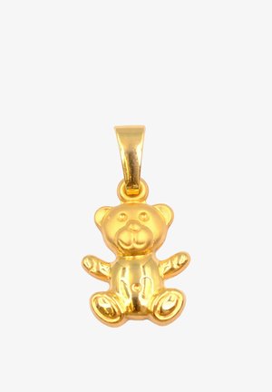 Pendentif en forme d'ours en peluche en or avec une finition polie, présentant des traits du visage détaillés, des oreilles arrondies et des bras étendus pour l'accrocher.