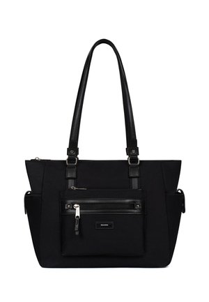 Black tote bag with dual leather shoulder straps, zippered front pocket, and smooth fabric texture. Features silver-tone hardware accents.