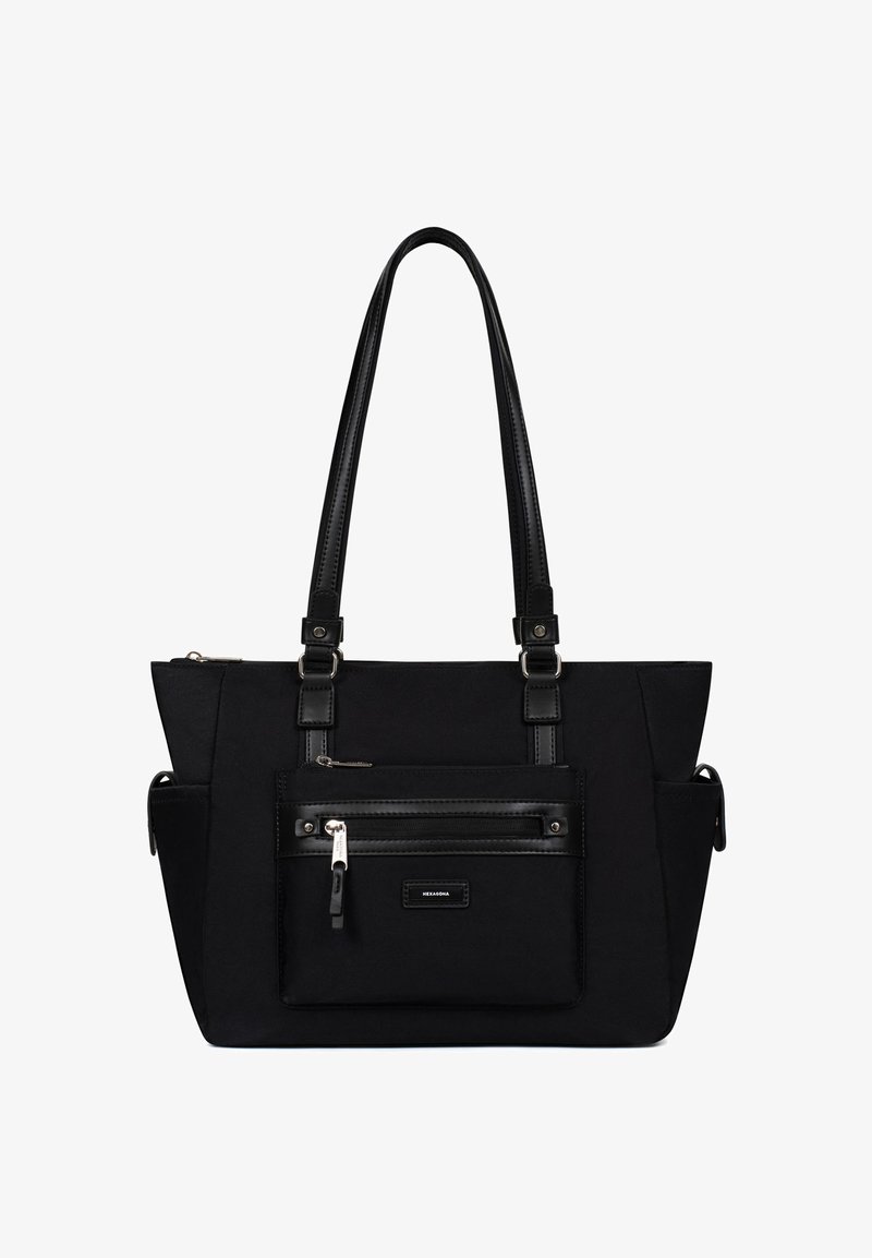 Zwarte totebag met dubbele leren schouderbanden, ritsvak aan de voorkant en een gladde stoftextuur. Bevat accenten van zilverkleurig beslag.