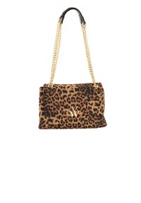 Sac à main en tissu avec motif léopard, doté d'une chaîne en or et d'un logo décoratif en or à l'avant. Forme carrée avec fermeture à rabat.