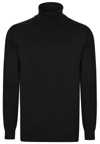 Schwarzer Rollkragenpullover aus Strickstoff. Mit langen Ärmeln und gerippten Bündchen und Saum. Einfacher, glatter Stoff mit körpernahem Schnitt.