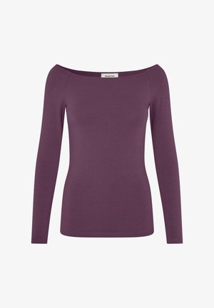 Lilla pikaevarõivaga pluus, mis on valmistatud pehmest ja venivast materjalist, off-the-shoulder kaelusega ja keha lähedase siluetiga.