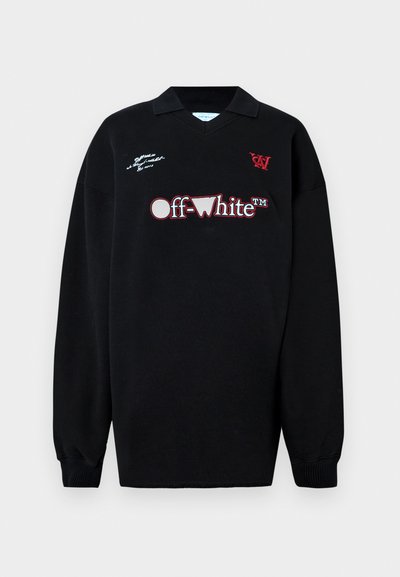 Sweater preto de manga longa com gola, texto do logótipo "Off-White™" em branco e vermelho, pequenos desenhos bordados no peito e punhos canelados.
