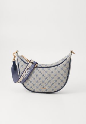 Hobo bag in light fabric with navy blue floral pattern. Features gold hardware and a navy strap with "JOOP!" in light letters.