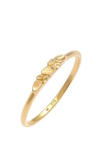 Gouden ring met een gladde, dunne band en vijf getextureerde, ovale accentstukken bovenop. Gemarkeerd met "375" voor goudzuiverheid.