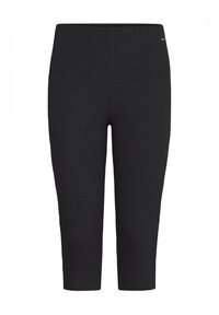Zwarte capri-legging gemaakt van rekbare stof met een geribbelde textuur, met een hoge tailleband en een subtiele merkimprint aan de zijkant.