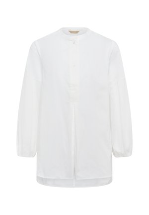 Witte blouse met lange mouwen, ronde hals, halve knoopsluiting, geplooide mouwen en licht gebogen zoom.
