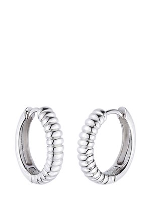 Pair of polished silver hoop earrings with a twisted rope design and hinged clasps against a white background.