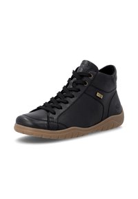 Baskets montantes en cuir noir avec semelle marron, lacets noirs et petite étiquette métallique avec logo sur le côté, présentées sur fond blanc.