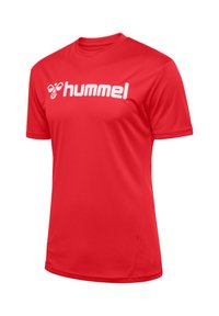Röd kortärmad sporttröja gjord av slät tyg, med en stor vit "hummel"-logotyp över bröstet. Klassisk rund hals.