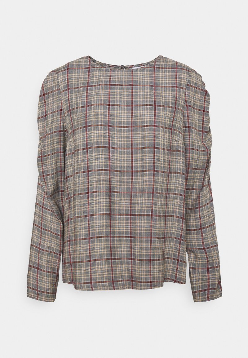 Chemise à manches longues en beige, marine et bordeaux. Elle présente un col rond et un tissu doux et texturé. Coupe décontractée avec des épaules froncées.