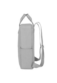 Grauer Rucksack mit einem schlanken, rechteckigen Design. Hergestellt aus strapazierfähigen Materialien, verfügt über verstellbare Trageriemen, einen Reißverschluss und eine Seitentasche.